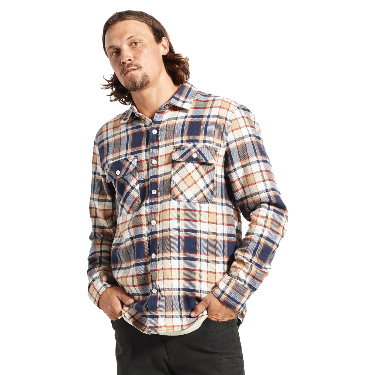 Brixton Men's Bowery L/S Flannel Shirt Washed Navy/Barn Red/Off White - Image 2