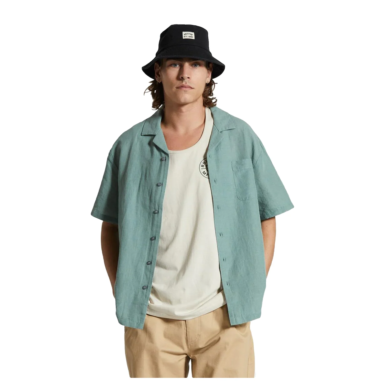 Brixton Men's Bunker Linen Blend S/S Shirt Chinois Green - Image 2
