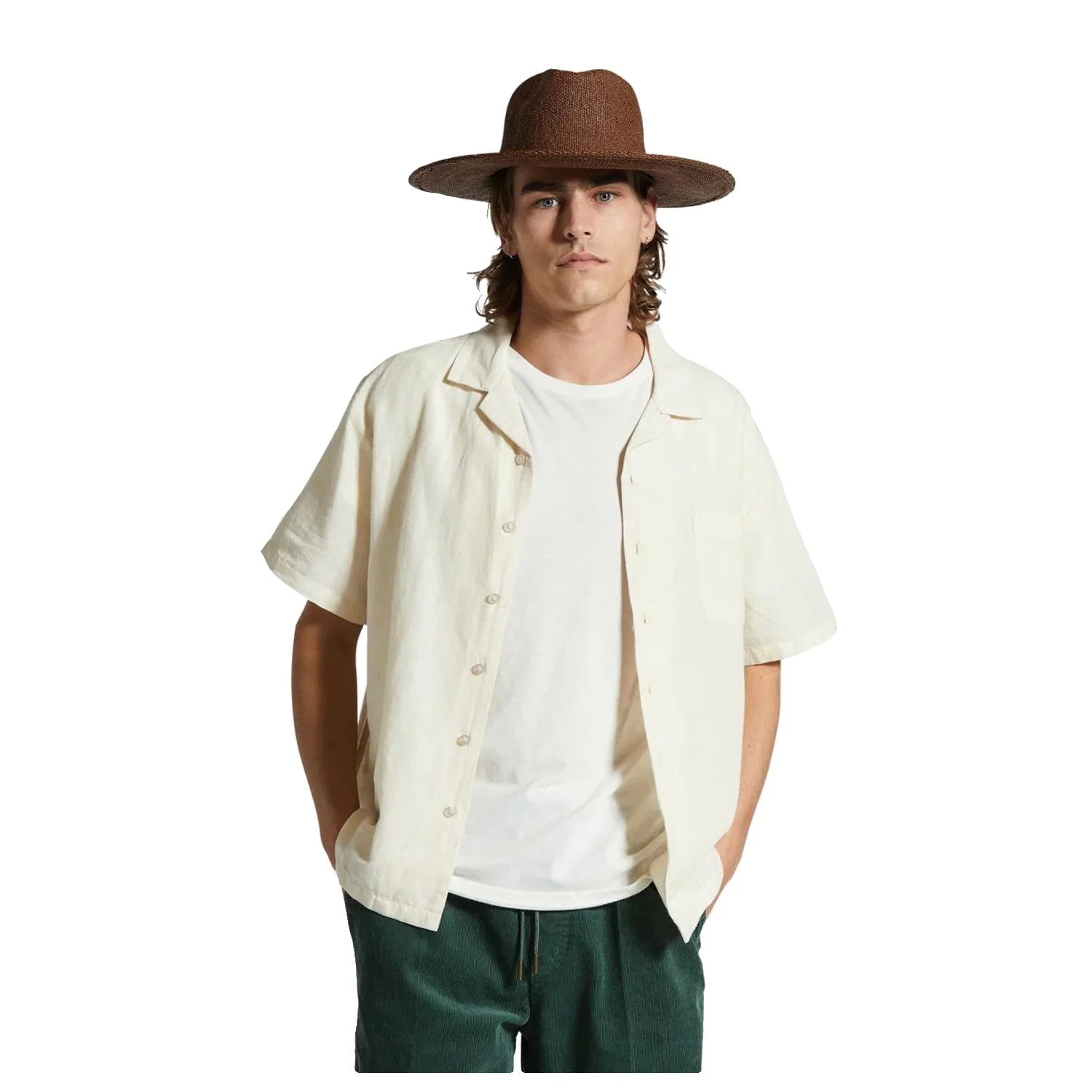 Brixton Men's Bunker Linen Blend S/S Shirt Whitecap - Image 2