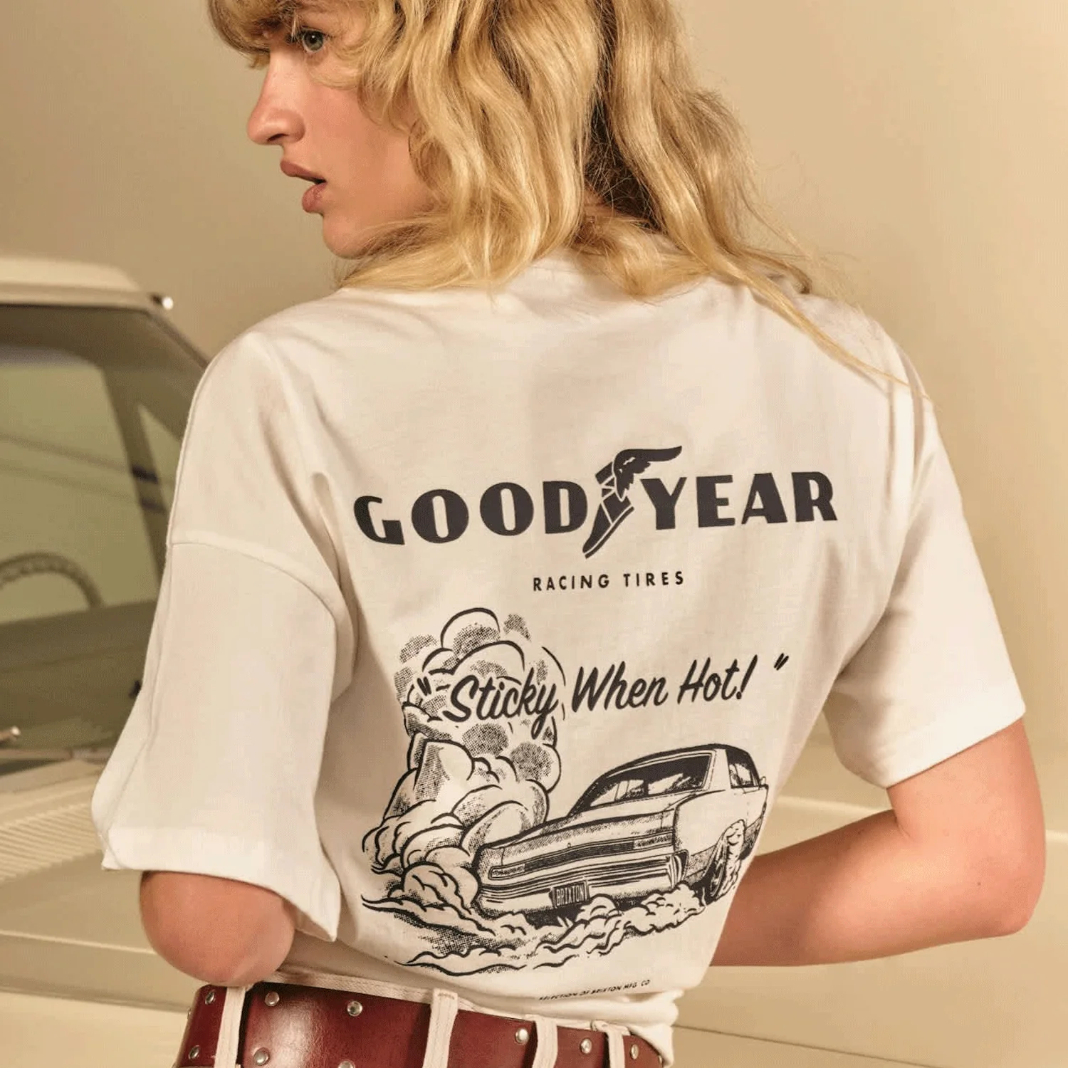 Brixton x Goodyear Women's Burnout Boxy Crew T Shirt Off White - Image 3
