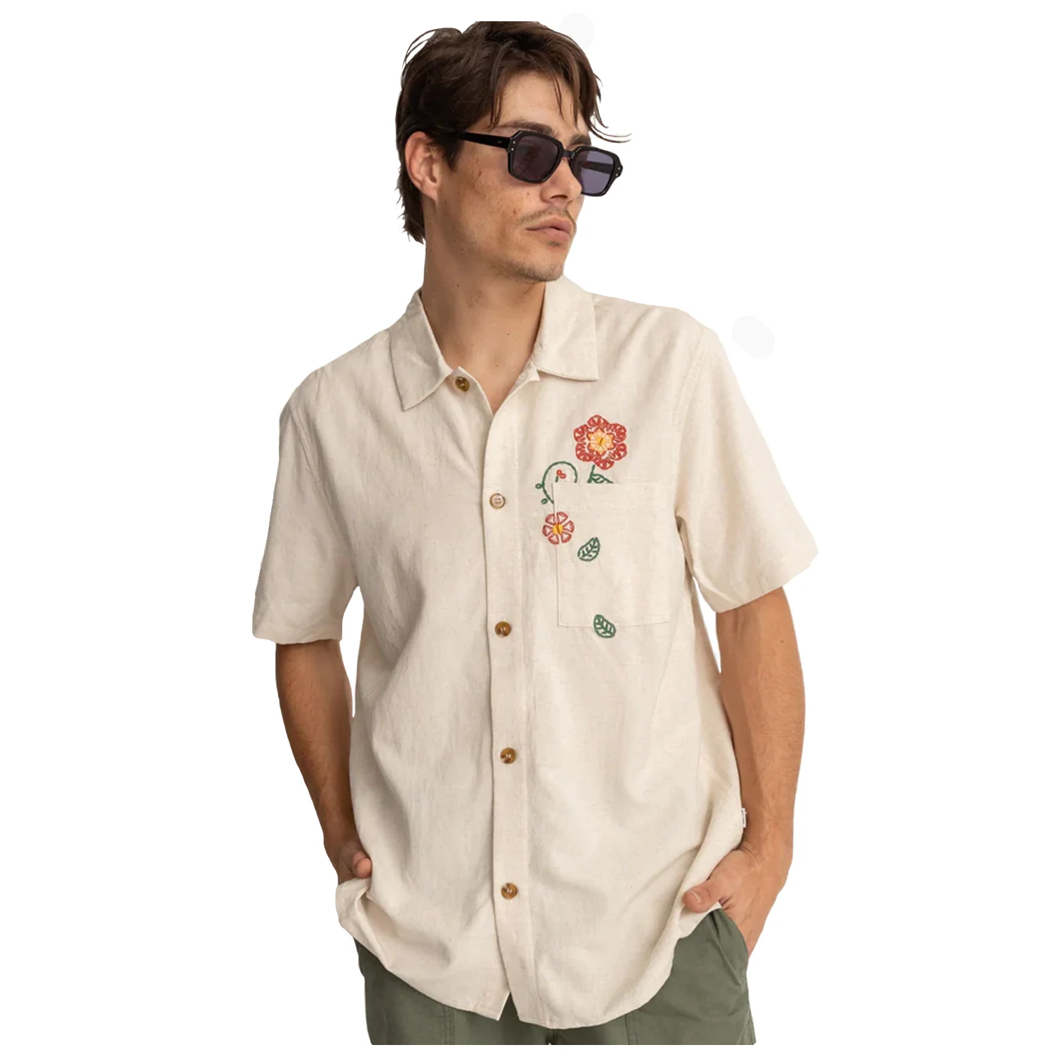Rhythm Men's Flower Embroidery S/S Shirt Natural - Image 2