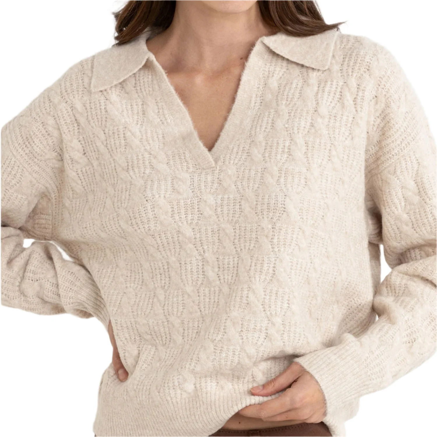 Rhythm Women's Lexie V-Neck Collared Jumper Natural - Image 3
