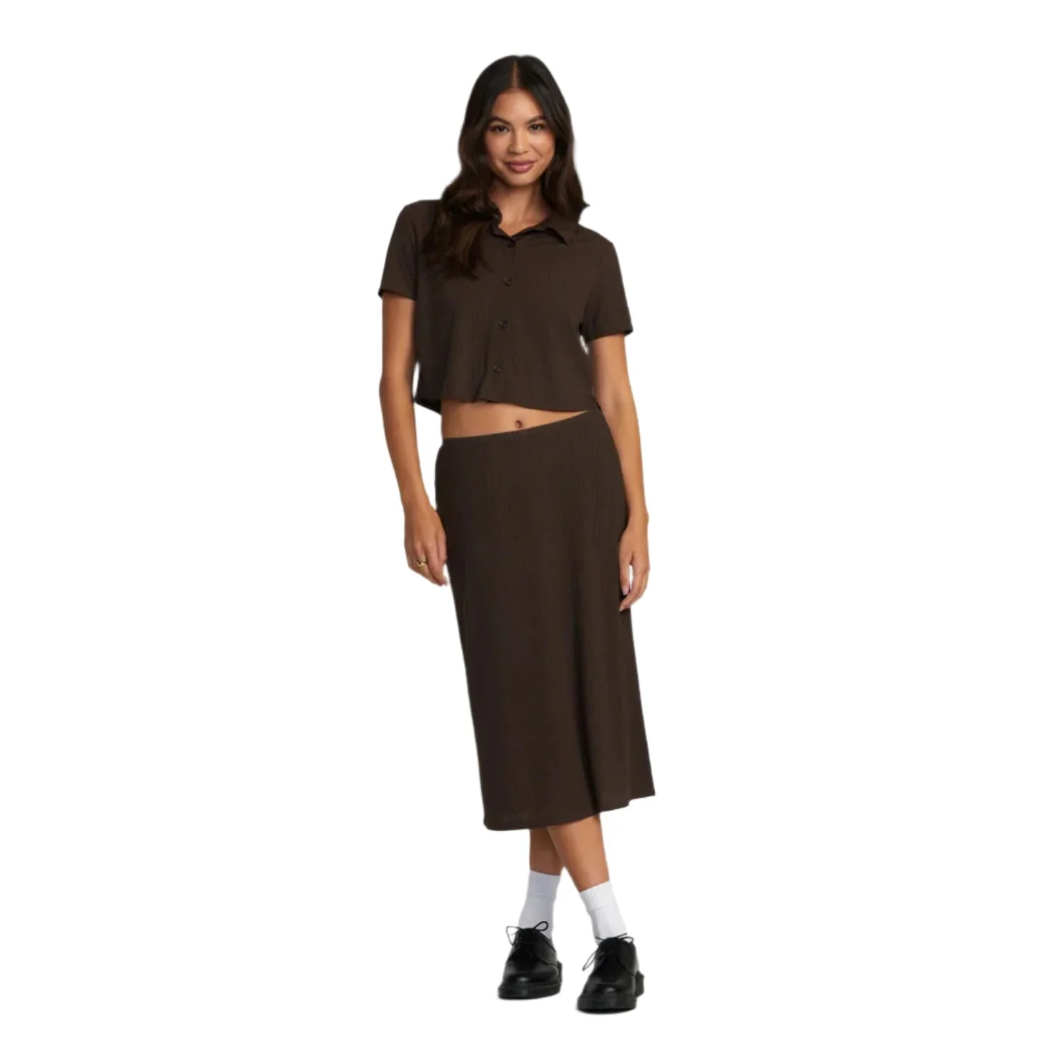 RVCA Women's Jenni Button Down T Shirt Chocolate Torte - Image 3