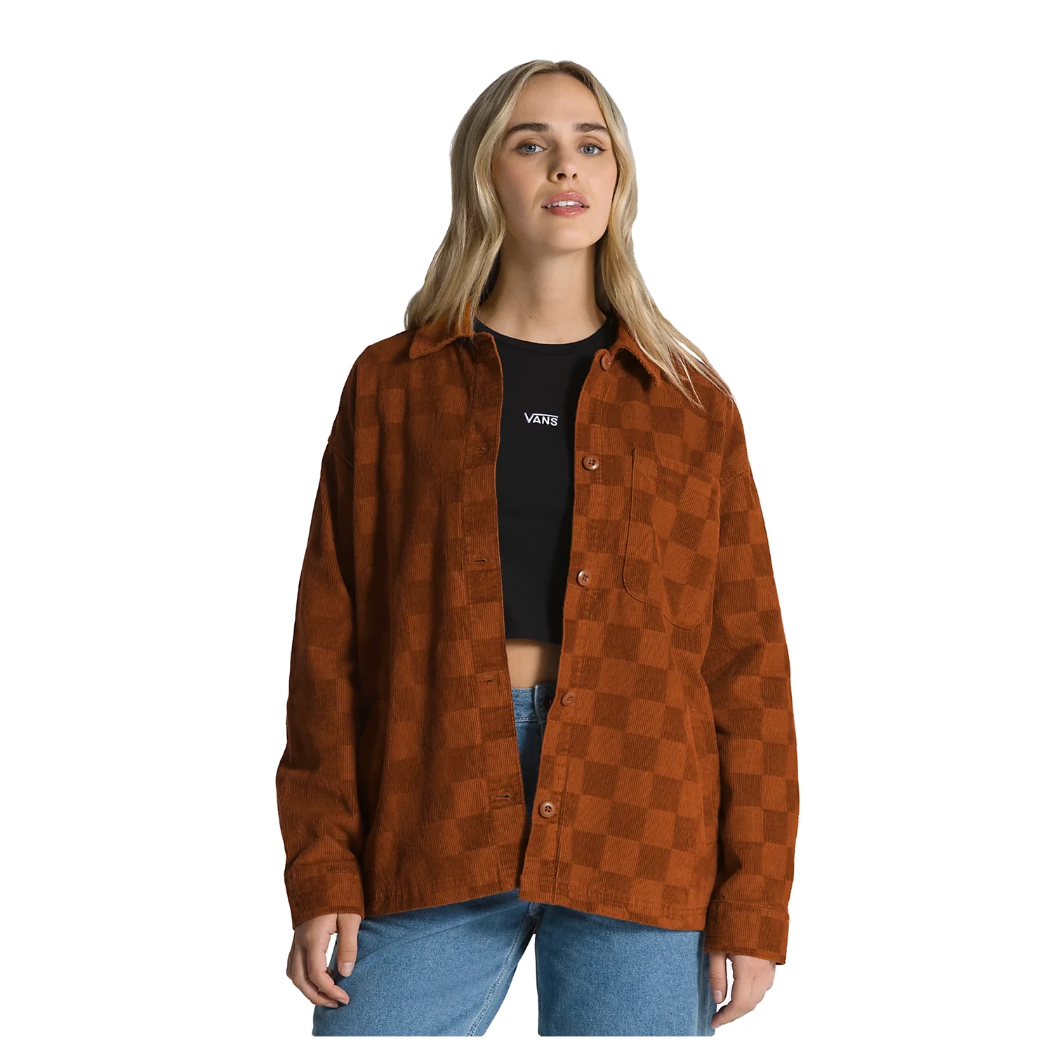 Vans Women's Dusk Downer Check L/S Shacket Ginger Bread - Image 2
